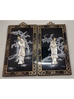 Pair Asian Lacquer Mother of Pearl Inlay Hand Painted Figural Wall Panels